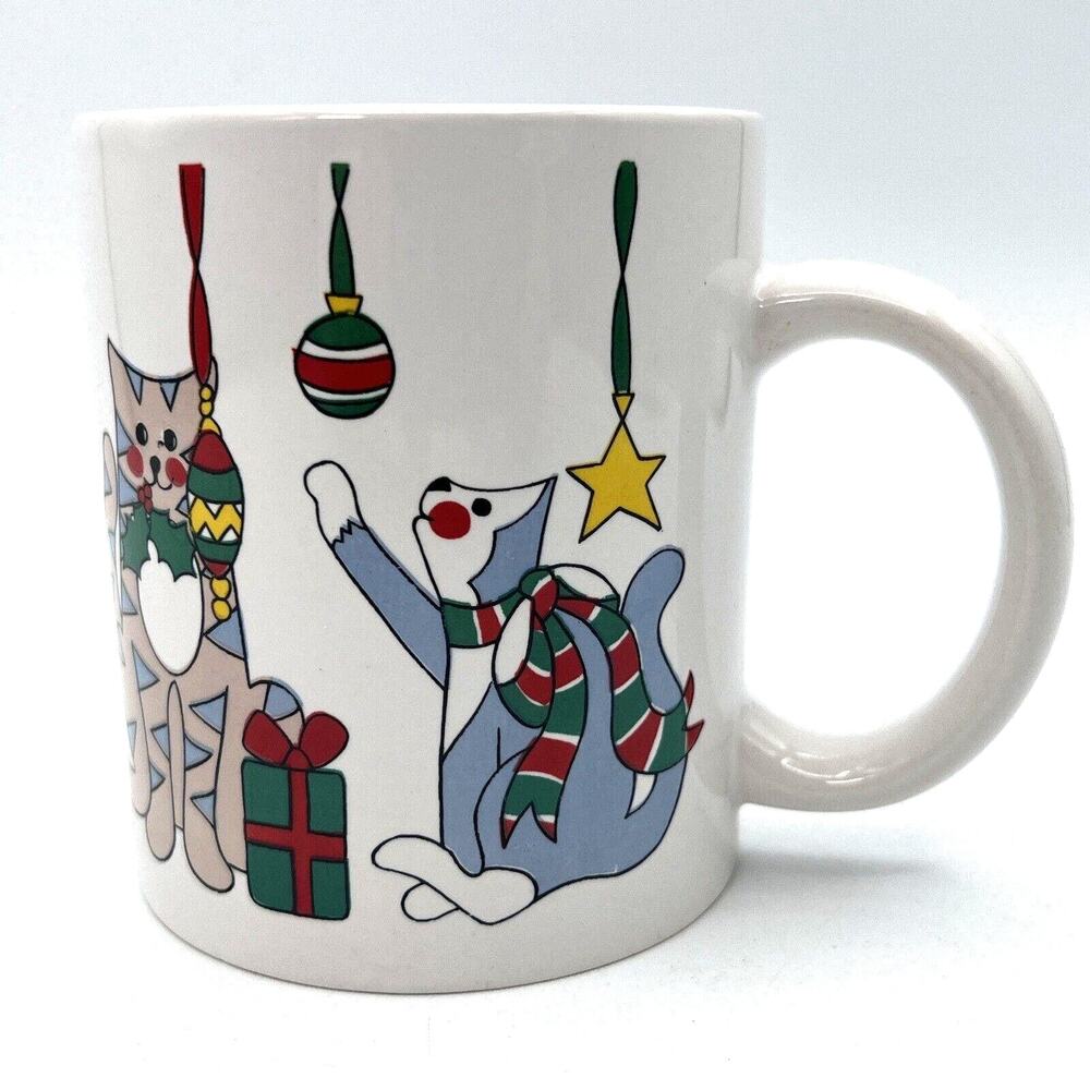 Vintage Cats Batting at Christmas Ornaments Mug 1980s Pearl Co Kitsch